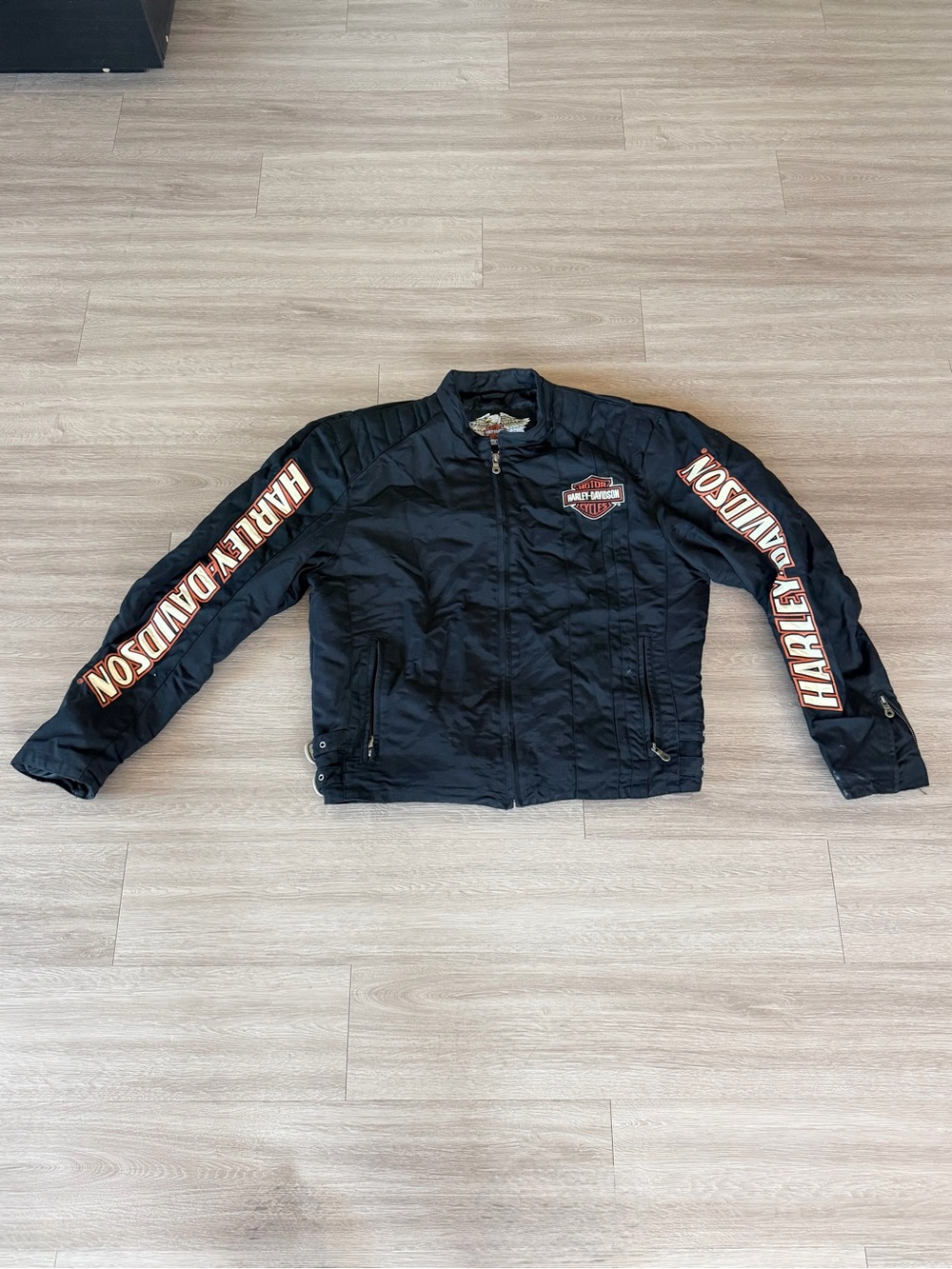 Harley-Davidson Black Bomber Jacket with Orange Logo Sleeve Text